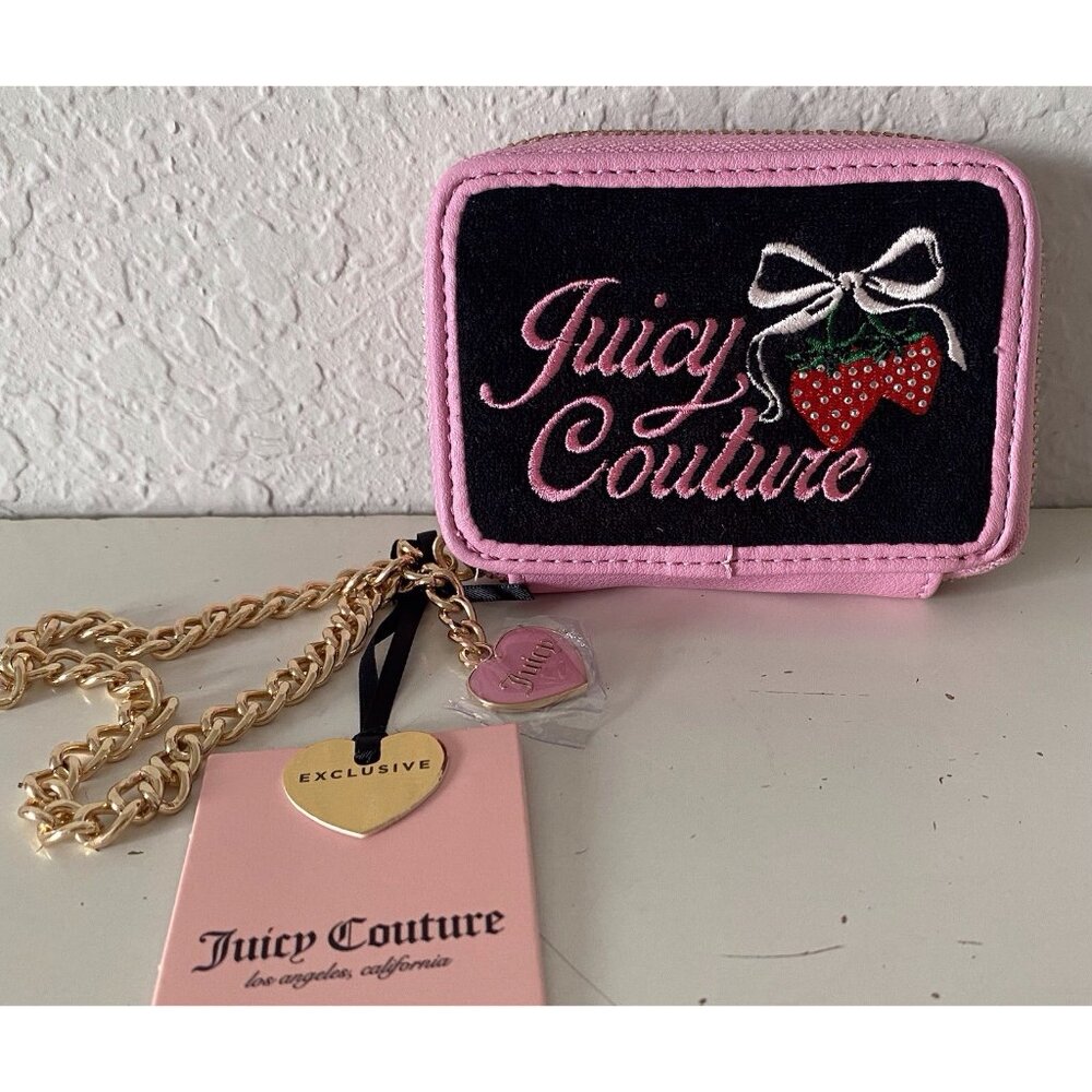 Juicy Couture Square Card Case Zip Around Wristlet Black Retro Strawberry NEW